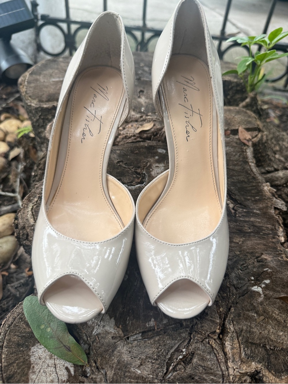 Marc Fisher Patent Open-Toe Pumps in Beige